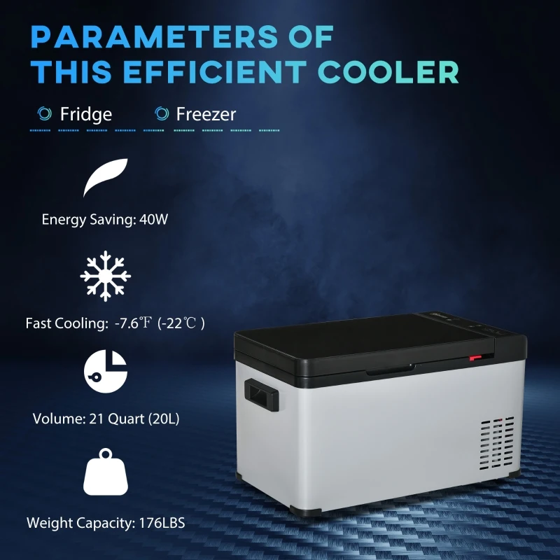 Outsunny 12 V Car Fridge, 3 Zone 21 Quart Portable Compressor Electric Cooler with Seat Belt Slot, Fridge Freezer, -7.6 °F (-22 °C), for Camping, Truck, RV, Travel, Boat, Outdoor and Home Use