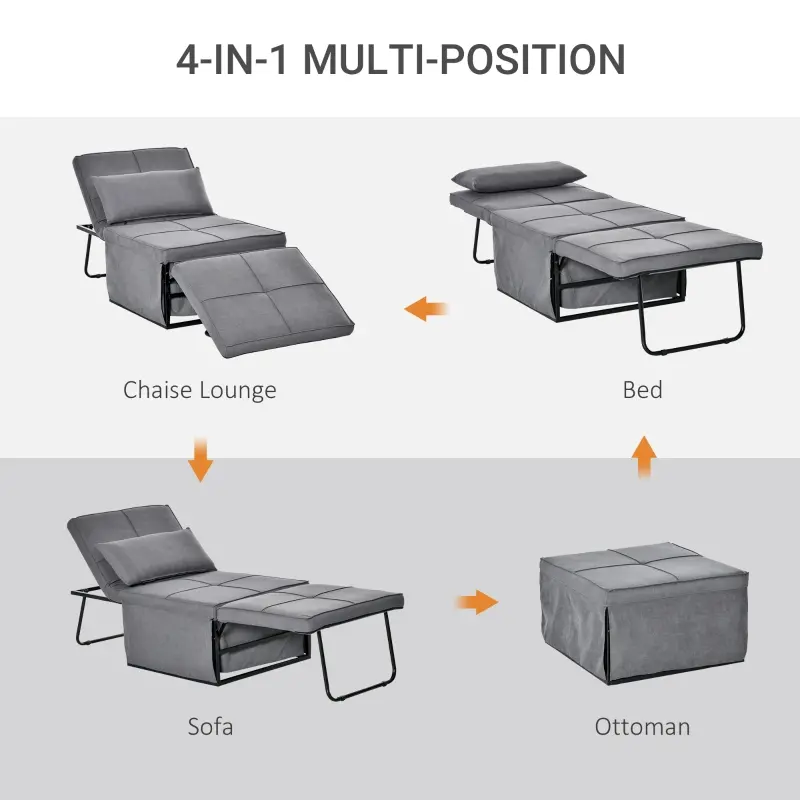 HOMCOM 4-in-1 Multi Function Folding Single Sofa Bed with Retractable Footrest, Convertible Sleeper with Adjustable Backrest For Living Room and Small Spaces, Grey