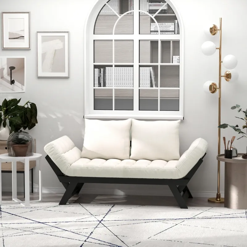 HOMCOM Single Person 3 Position Convertible Chaise Lounger Sofa Bed with 2 Large Pillows and Black Frame, Cream White