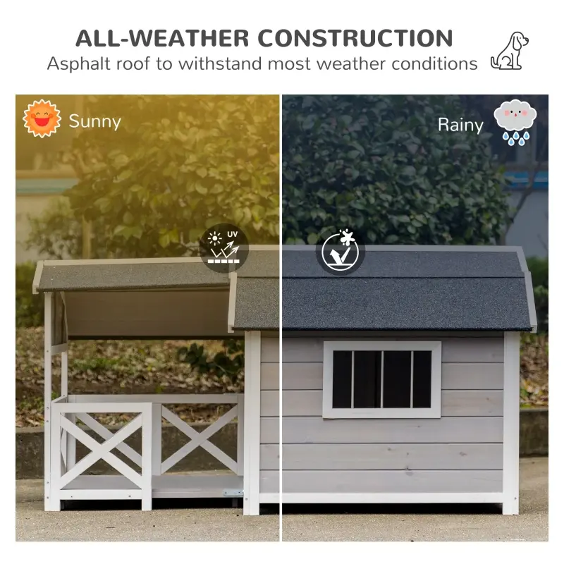 PawHut Outdoor Dog House Cabin Style, Wooden Raised Dog Shelter with Asphalt Roof, Front Door, Side Window, Porch for Medium to Large Dogs, Gray