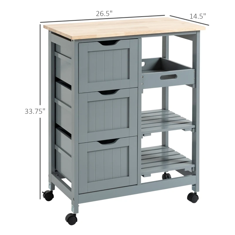 HOMCOM Compact Bar Serving Cart, Compact Trolley with Wood Top & Drawers, Gray