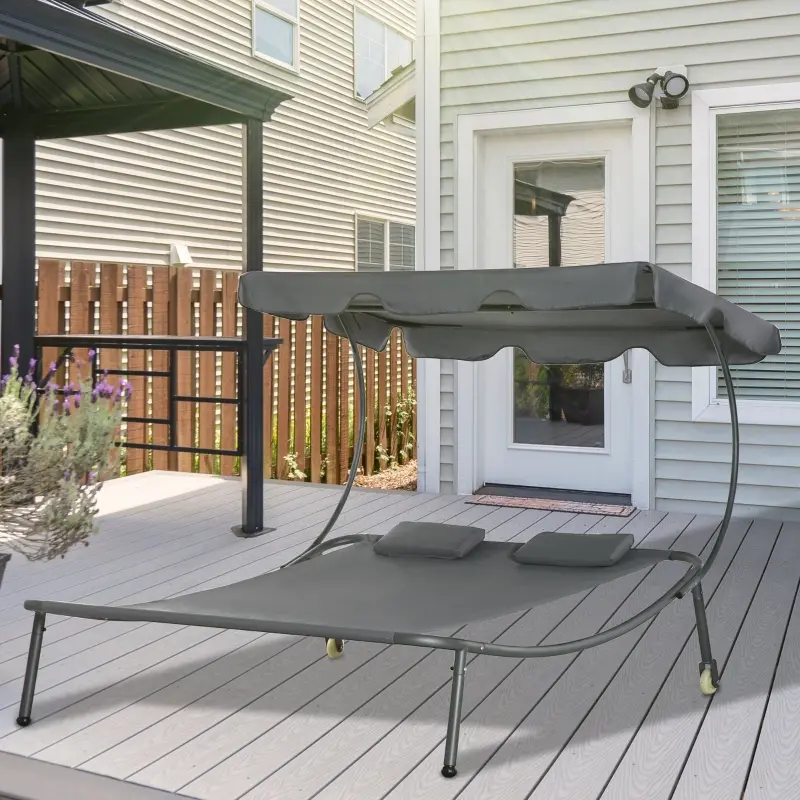 Outsunny Patio Double Chaise Lounge Bed, Outdoor Sun Lounger with Adjustable Canopy and Headrests, Grey