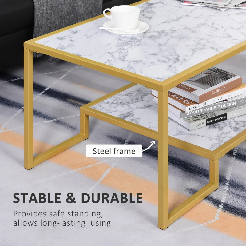 HOMCOM Minimalist Art Deco Coffee Table with Laminate Marble Print Table Top & Underneath Storage Shelf, White & Gold