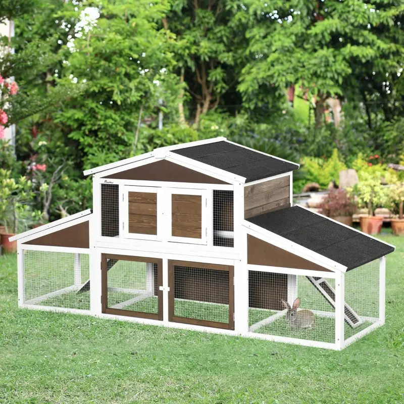 PawHut 2-Tier Wooden Rabbit Hutch, Small Animal House Pet Cage w/Tray, Asphalt Roof