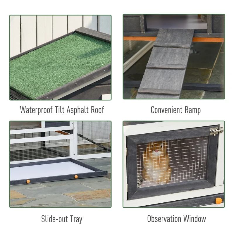 PawHut 122" Large Wooden Rabbit Hutch Bunny Hutch 2-Story Pet House Cage with Ramps, Lockable Doors, Run Area and Asphalt Roof for Outdoor Use, Grey