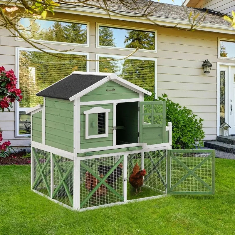 PawHut 44" Chicken Coop, Wooden Chicken House Hen Run, Rabbit Hutch with Nesting Box, Removable Tray, Asphalt Roof, Planting and Lattice, Green