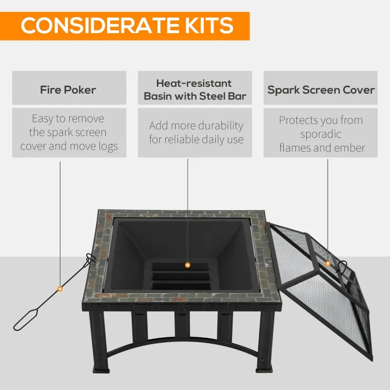 Outsunny 30" Outdoor Fire Pits, Square Steel Wood Burning Fire Pits with Spark Screen, Cooking Grill and Log Poker, Camping Fire Pit for Backyard, Patio