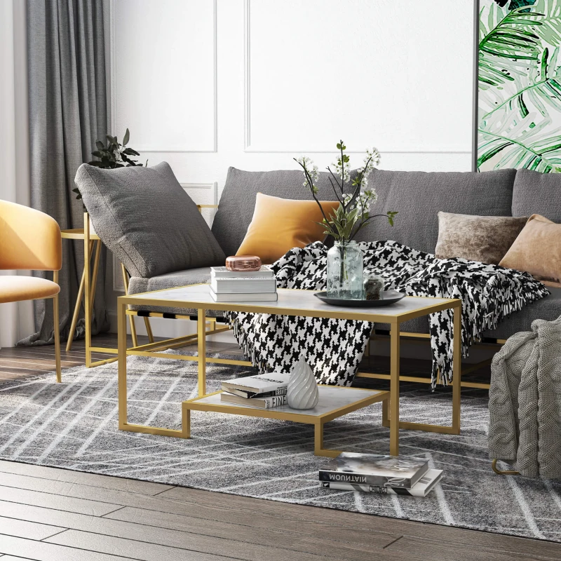 HOMCOM Minimalist Art Deco Coffee Table with Laminate Marble Print Table Top & Underneath Storage Shelf, White & Gold