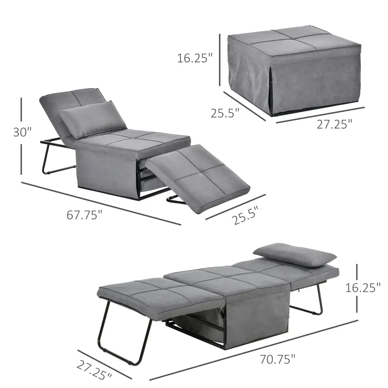 HOMCOM 4-in-1 Multi Function Folding Single Sofa Bed with Retractable Footrest, Convertible Sleeper with Adjustable Backrest For Living Room and Small Spaces, Grey