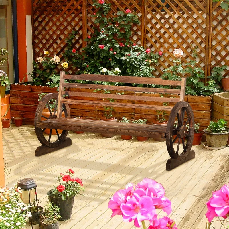 Outsunny Wooden Wagon Wheel Bench, 3-Person Rustic Slatted Seat, Outdoor Patio Furniture, Brown