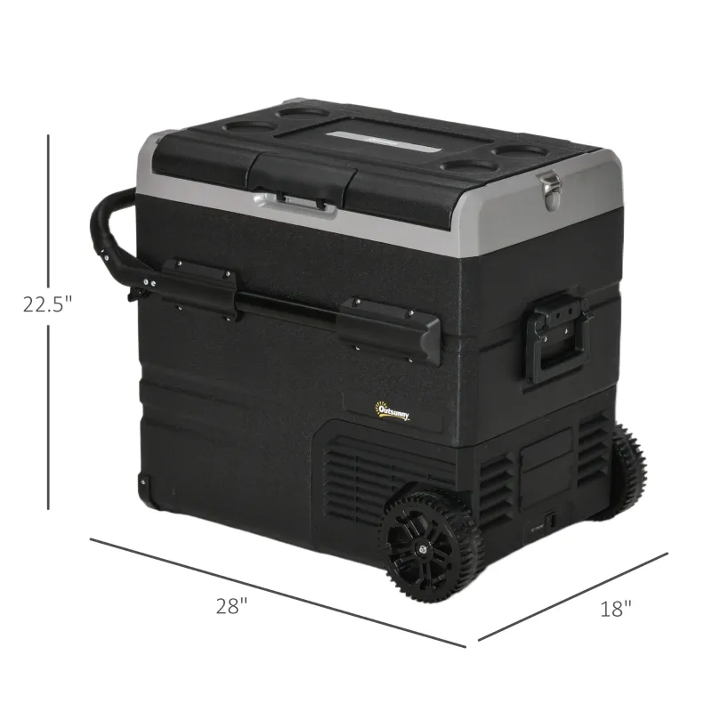 Outsunny 12 V Car Fridge, 2 Zone 58 Portable Compressor Electric Cooler with Wheels, Pull-up Handle, Cutting Board, 12/24 V DC and 110 - 240 V AC for Outdoor, Driving, Travel