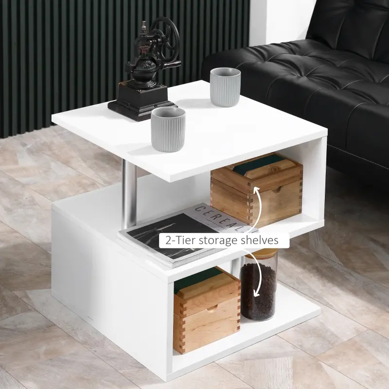 HOMCOM 20" Modern S-Shaped Multi-Level Accent End Table Shelf with Steel Poles, White