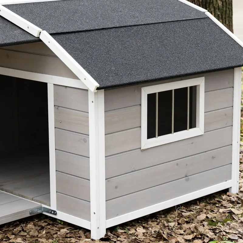 PawHut Outdoor Dog House Cabin Style, Wooden Raised Dog Shelter with Asphalt Roof, Front Door, Side Window, Porch for Medium to Large Dogs, Gray