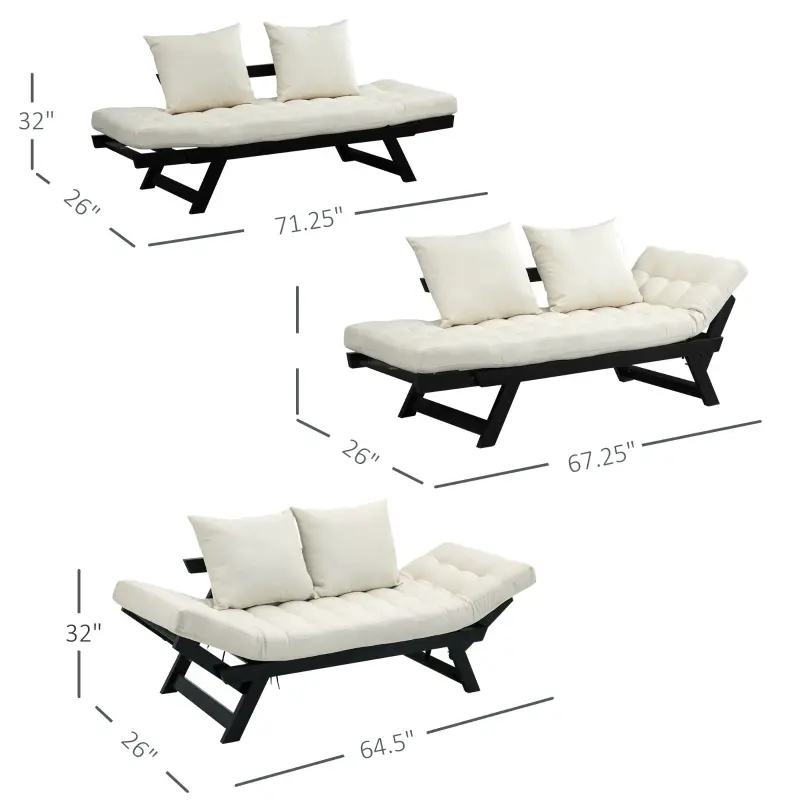 HOMCOM Single Person 3 Position Convertible Chaise Lounger Sofa Bed with 2 Large Pillows and Black Frame, Cream White