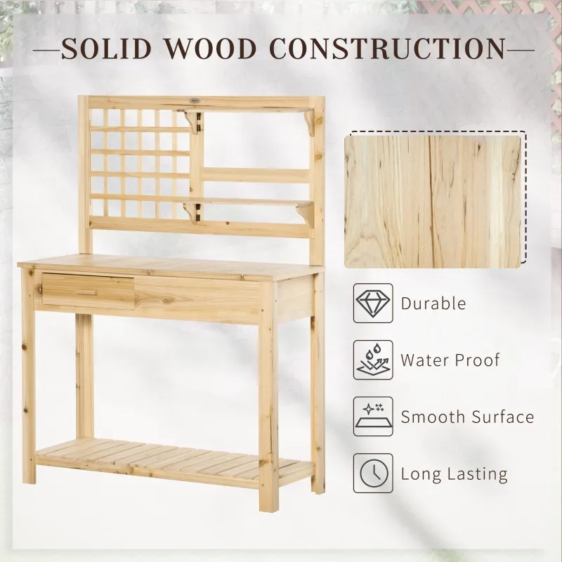 Outsunny Potting Bench Table, Garden Work Bench, Outdoor Wooden Workstation with Tiers of Shelves and Drawer for Patio, Courtyards, Balcony, Natural