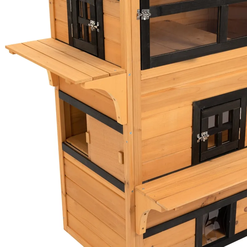 PawHut Outdoor Cat House, 3-Tier Kitty Shelter with 5 Escape Doors, Weather Resistant, Yellow & Black