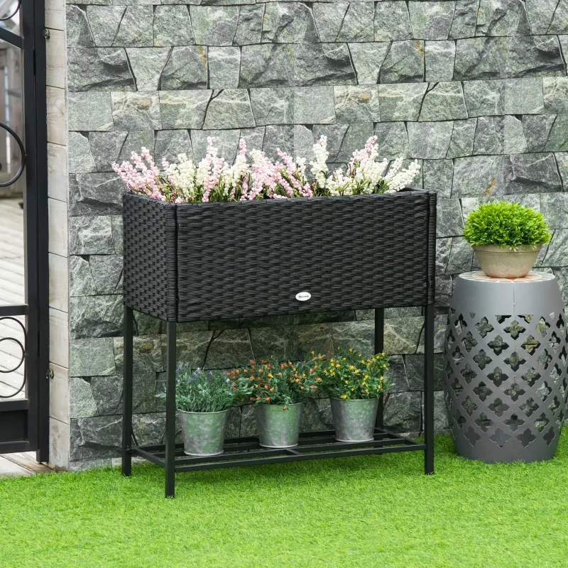 Outsunny PE Rattan Wicker Raised Flower & Vegetable Planter, Rack Shelf Box