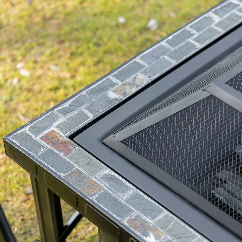 Outsunny 30" Outdoor Fire Pits, Square Steel Wood Burning Fire Pits with Spark Screen, Cooking Grill and Log Poker, Camping Fire Pit for Backyard, Patio