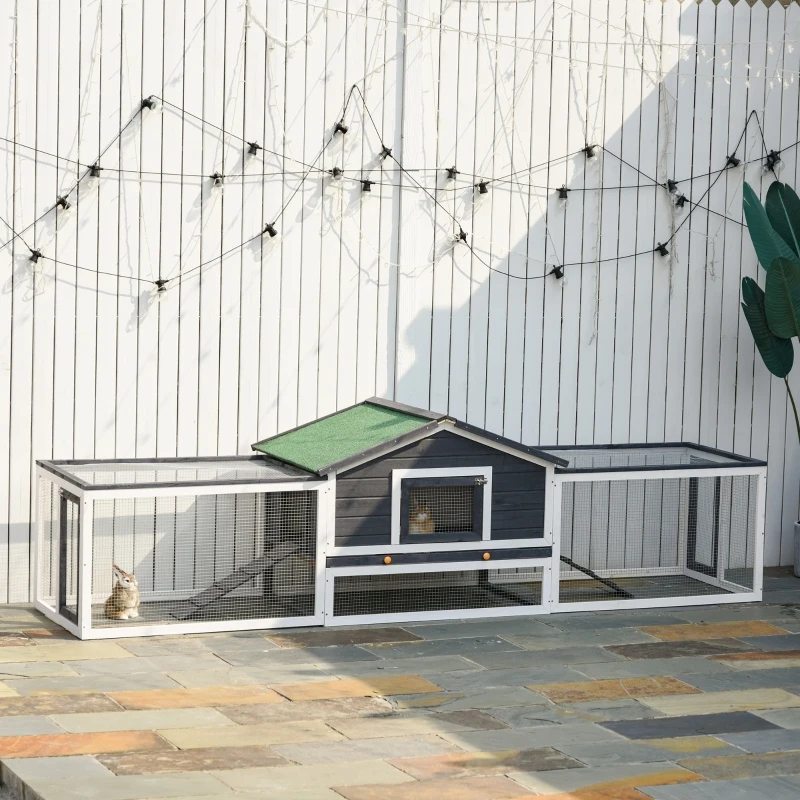 PawHut 122" Large Wooden Rabbit Hutch Bunny Hutch 2-Story Pet House Cage with Ramps, Lockable Doors, Run Area and Asphalt Roof for Outdoor Use, Grey