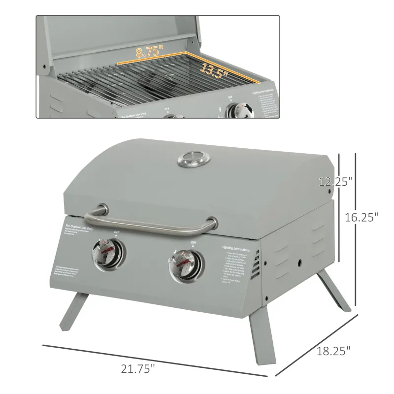 Outsunny 2 Burner Folding Tabletop Gas BBQ Grill w/ Lid, Thermometer, Carbon Steel, Gray