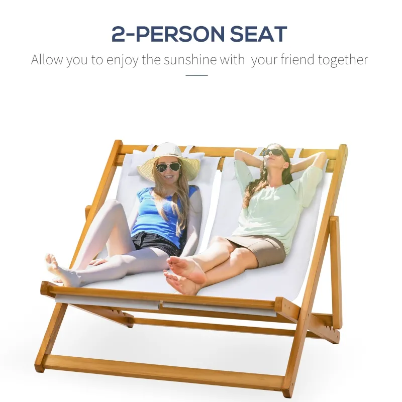 Outsunny 2-Person Sling Chair, Reclining Double Lounger for Patio, Beach, Camping, Lawn, Wood Folding Chair with Recliner Design for 2 Adults, Cream White
