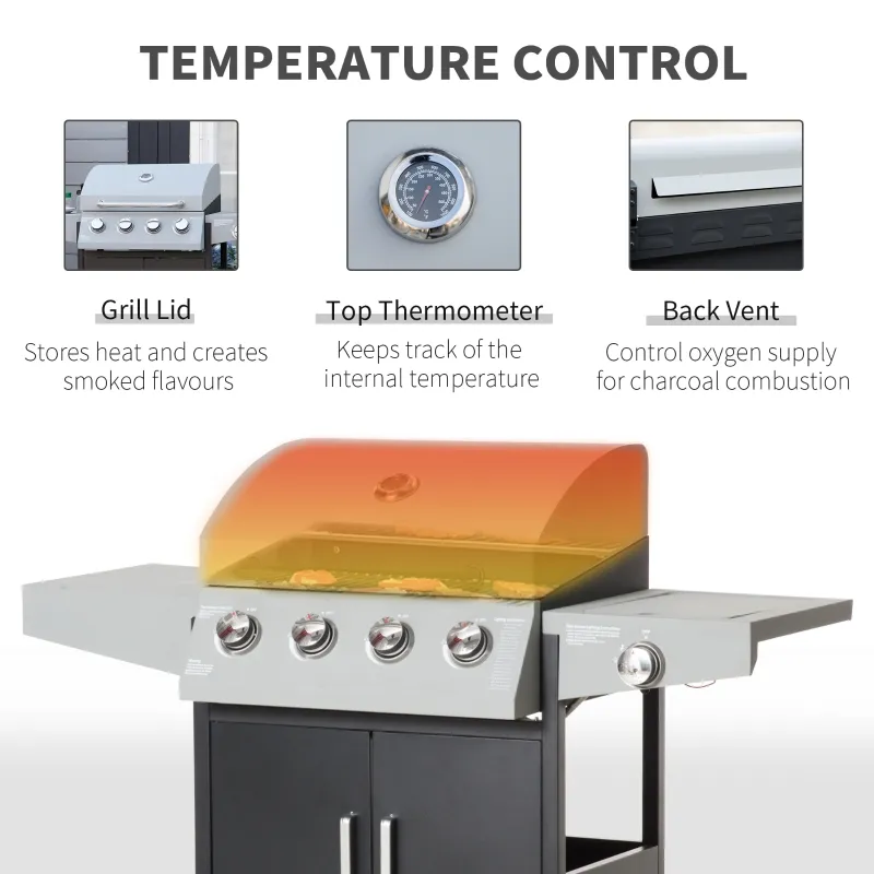 Outsunny 52" Barbecue Grill with Wheels 4+1 Burner Liquid Propane Gas Grill Outdoor Cabinet Style BBQ Trolley w/ Side Burner, Warming Rack, Storage Cabinet
