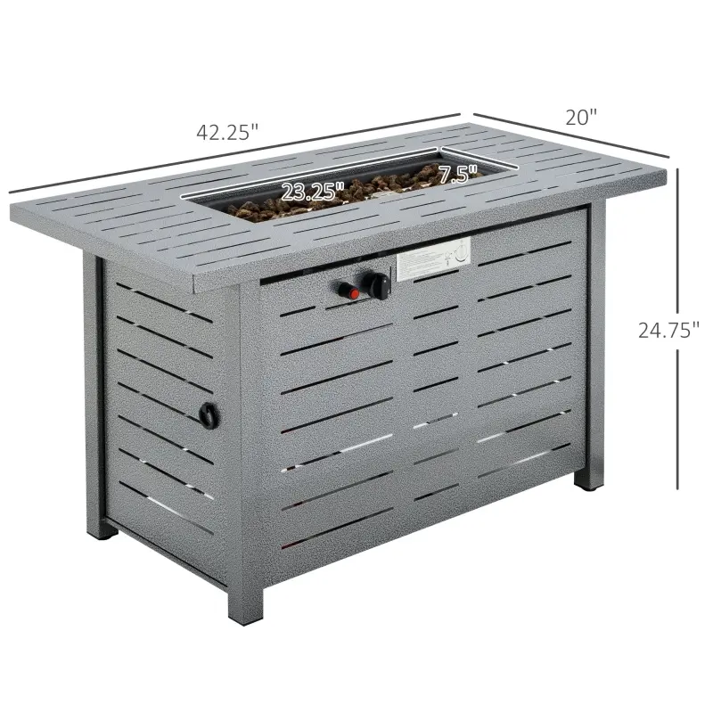 Outsunny 42 Inch Outdoor Propane Gas Fire Pit Table, 50,000 BTU Auto-Ignition Rectangular Gas Firepit with Slat Tabletop, Lid, Lava Rocks, Rain Cover, CSA Certification, Black