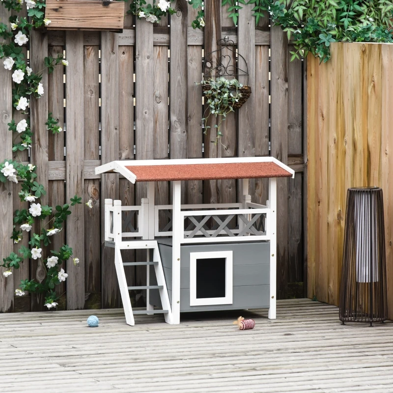PawHut Wooden Cat House, 2-Floor Feral Cat Shelter, Kitten Condo Outdoor, Small Dog House with Balcony, Stairs, Asphalt Roof, White