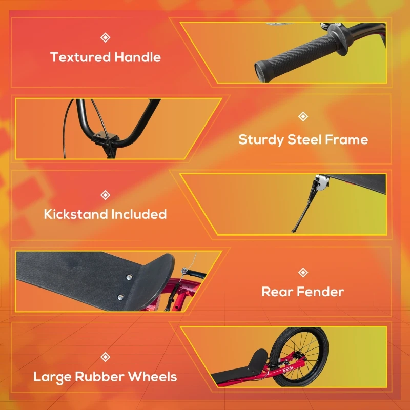 Aosom Youth Scooter with Big Wheels, Rugged Rubber Tires, and Bike Brakes, 2 Wheel Scooter, Slip-Resistant and Safe, Kick Scooter for Kids, Ages 10+, Red