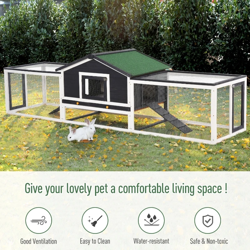 PawHut 122" Large Wooden Rabbit Hutch Bunny Hutch 2-Story Pet House Cage with Ramps, Lockable Doors, Run Area and Asphalt Roof for Outdoor Use, Grey