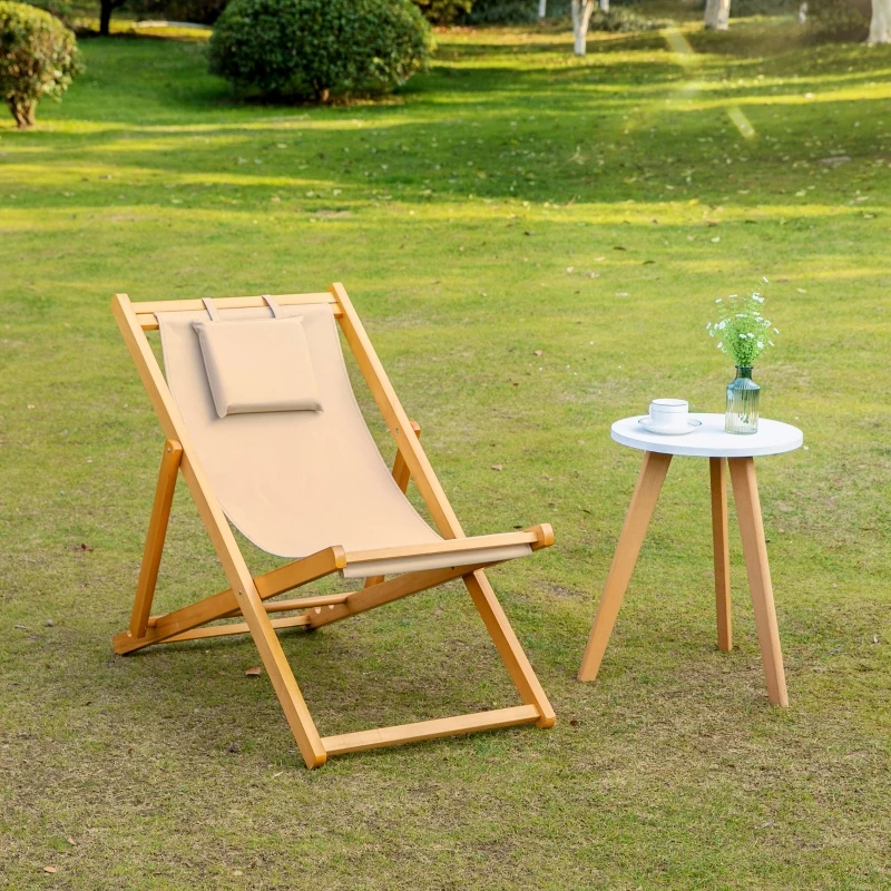 Outsunny Patio Lounge Chair, Reclining Lounger, Folding Beach Chair with Adjustable Backrest for Deck, Beach and Poolside, Beige