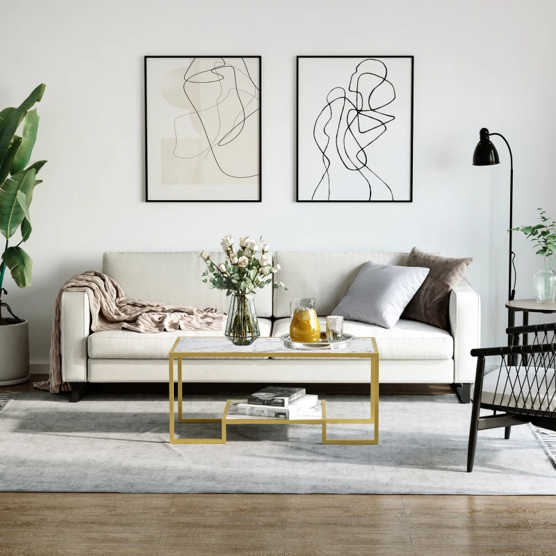 HOMCOM Minimalist Art Deco Coffee Table with Laminate Marble Print Table Top & Underneath Storage Shelf, White & Gold