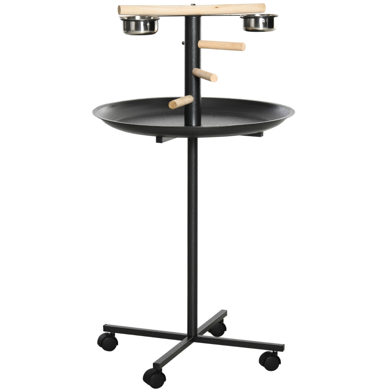 PawHut Bird Play Stand Portable Feeder Station, w/ Wood Perch, Stainless Steel Bowls