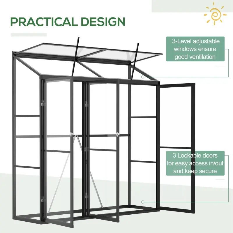 Outsunny 6' x 2' Aluminum Greenhouse, Polystyrene Walk-in Garden Greenhouse with 2 Adjustable Roof Vents and 3 Doors, Clear