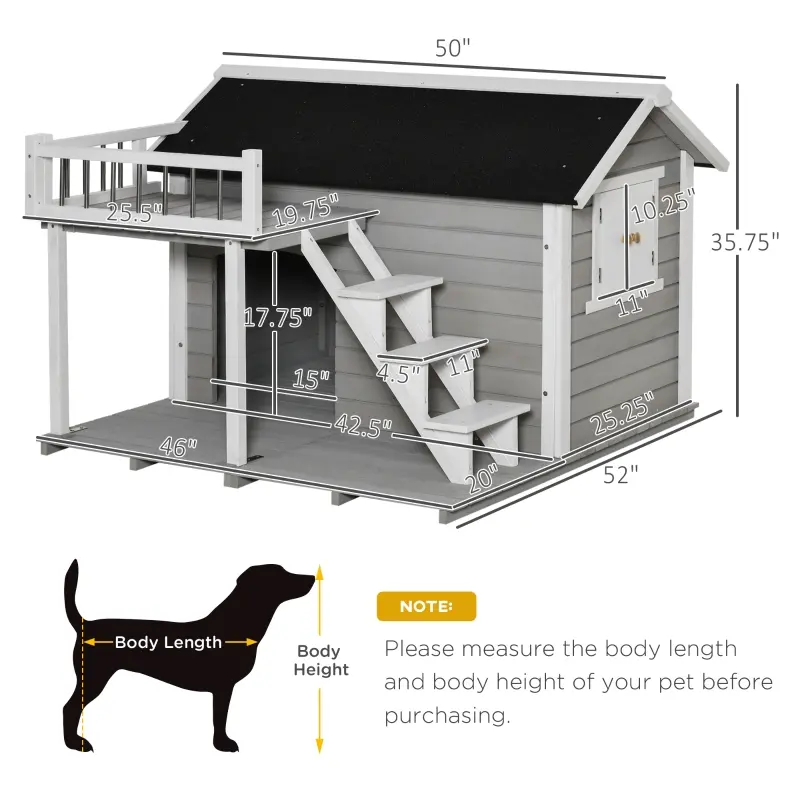 PawHut 2-Story Wooden Outdoor Dog House Shelter w/ Stairs & Balcony Medium, Large Dogs