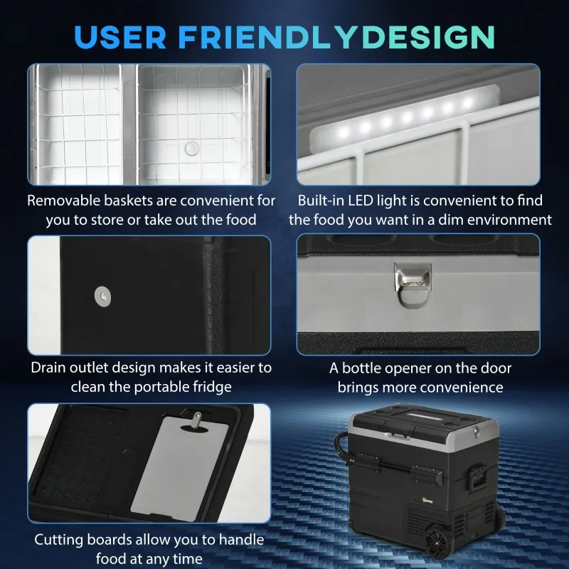 Outsunny 12 V Car Fridge, 2 Zone 58 Portable Compressor Electric Cooler with Wheels, Pull-up Handle, Cutting Board, 12/24 V DC and 110 - 240 V AC for Outdoor, Driving, Travel