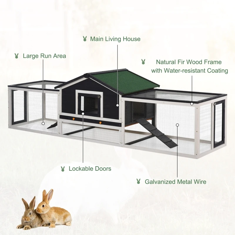 PawHut 122" Large Wooden Rabbit Hutch Bunny Hutch 2-Story Pet House Cage with Ramps, Lockable Doors, Run Area and Asphalt Roof for Outdoor Use, Grey