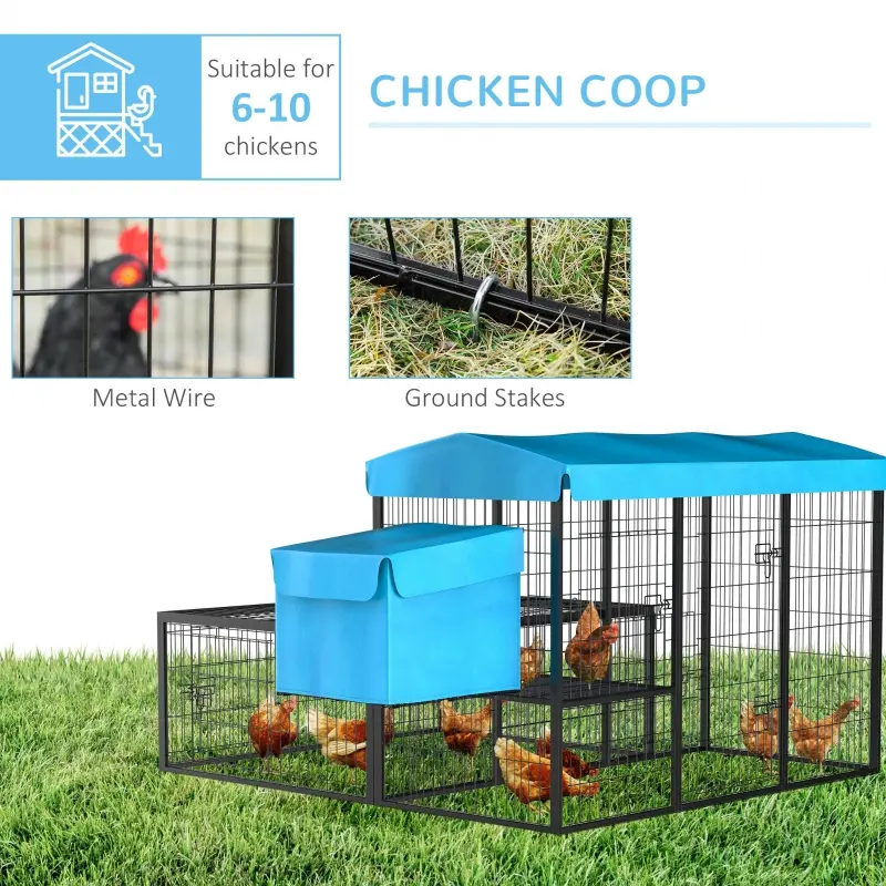 PawHut Metal Chicken Coop, Outdoor Poultry Cage, w/ Run, Nesting Box, Canopy, Blue