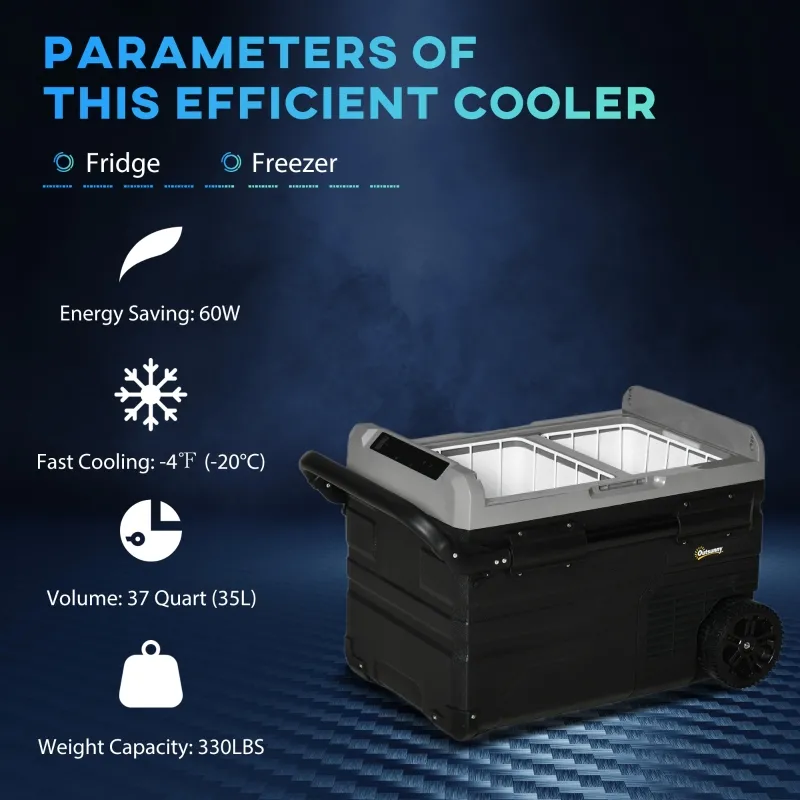 Outsunny 12 V Car Fridge, 2 Zone 37 Quart Portable Compressor Electric Cooler with Wheels, Pull-up Handle, Cutting Board, 12/24 V DC and 110 - 240 V AC for Outdoor, Driving, Travel