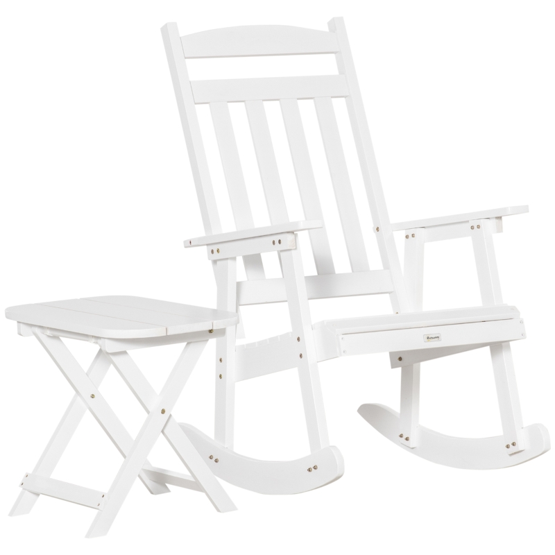 Outsunny Wooden Rocking Chair Set, 2-Piece Outdoor Porch Rocker w/ Foldable Table, White