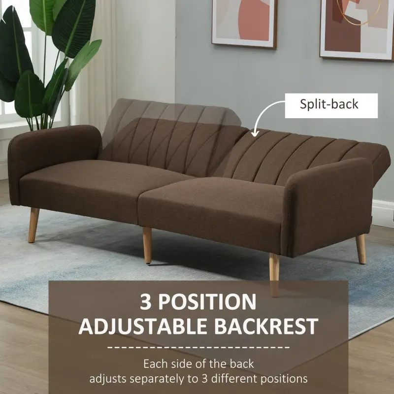 HOMCOM Two Seater Sofa Bed, Convertible Futon Couch Bed, Linen Upholstered Loveseat with Adjustable Backrest for Small Spaces, Living Room, Apartment, and Dorm, Brown