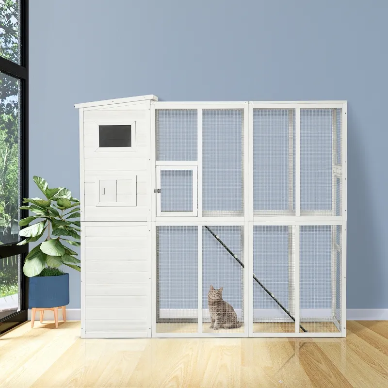 PawHut Wooden Cat Home Enclosure Pet House Shelter Cage Outdoor Play Area Run, White