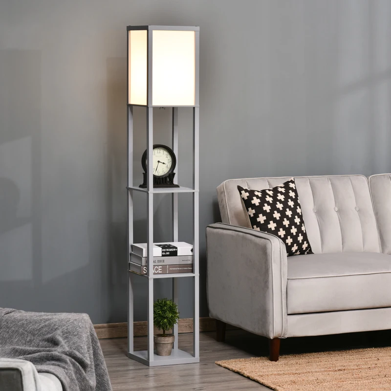 HOMCOM 3-Tier Floor Lamp, Standing Reading Light with Storage Shelves for Living Room, Bedroom, or Dining Room, Grey