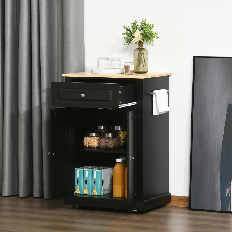 HOMCOM Rolling Kitchen Island Cart, Portable Serving Trolley Table with Drawer, Adjustable Shelf and 2 Towel Racks, Black