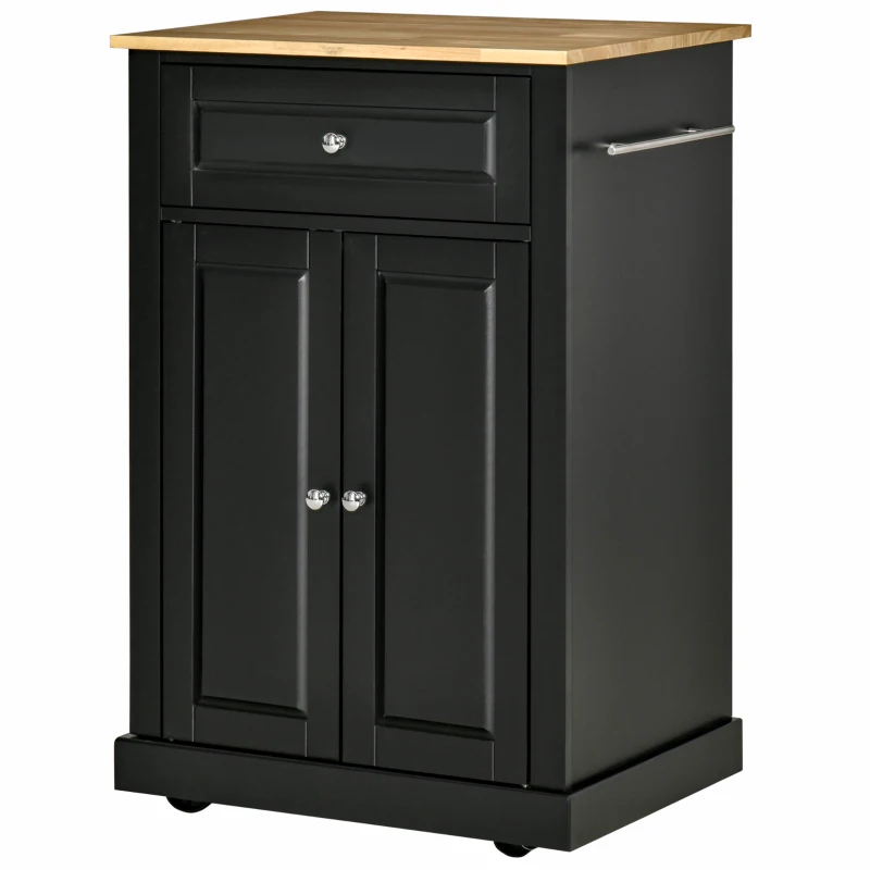 HOMCOM Rolling Kitchen Island Cart, Portable Serving Trolley Table with Drawer, Adjustable Shelf and 2 Towel Racks, Black