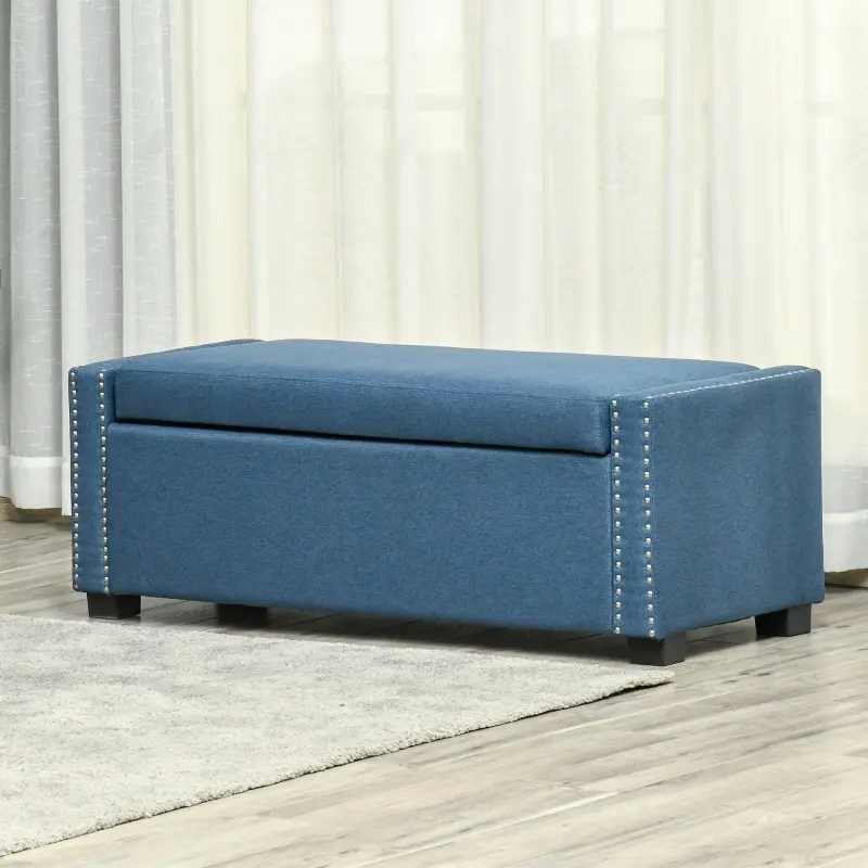 HOMCOM Nailhead Trim Upholstered Flip Top Storage Bench, Fabric Ottoman for Bedroom, or Living room, Blue