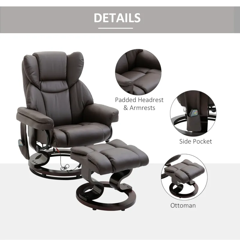 HOMCOM Massage Sofa Recliner Chair w/ Footrest, 10 Vibration Point, Faux PU Leather, Brown