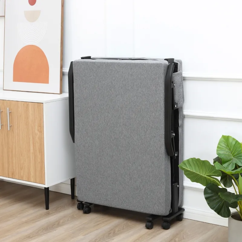 HOMCOM Rollaway Bed, Folding Bed with 3.25" Mattress, Portable Foldable Guest Bed with Adjustable Backrest, and Metal Frame on Wheels, Light Grey