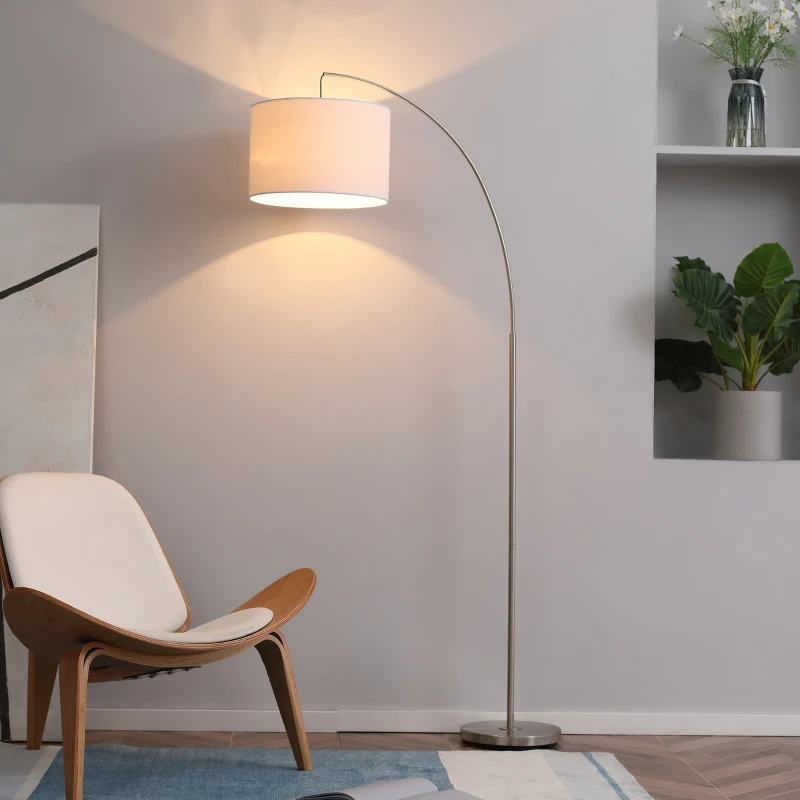 HOMCOM Arc Floor Reading Lamp, Tall Pole Standing Lamp with Hanging Fabric Lampshade for Living Room or Bedroom, Silver/White