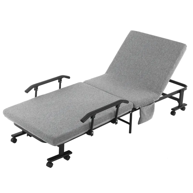 HOMCOM Rollaway Bed, Folding Bed with 3.25" Mattress, Portable Foldable Guest Bed with Adjustable Backrest, and Metal Frame on Wheels, Light Grey